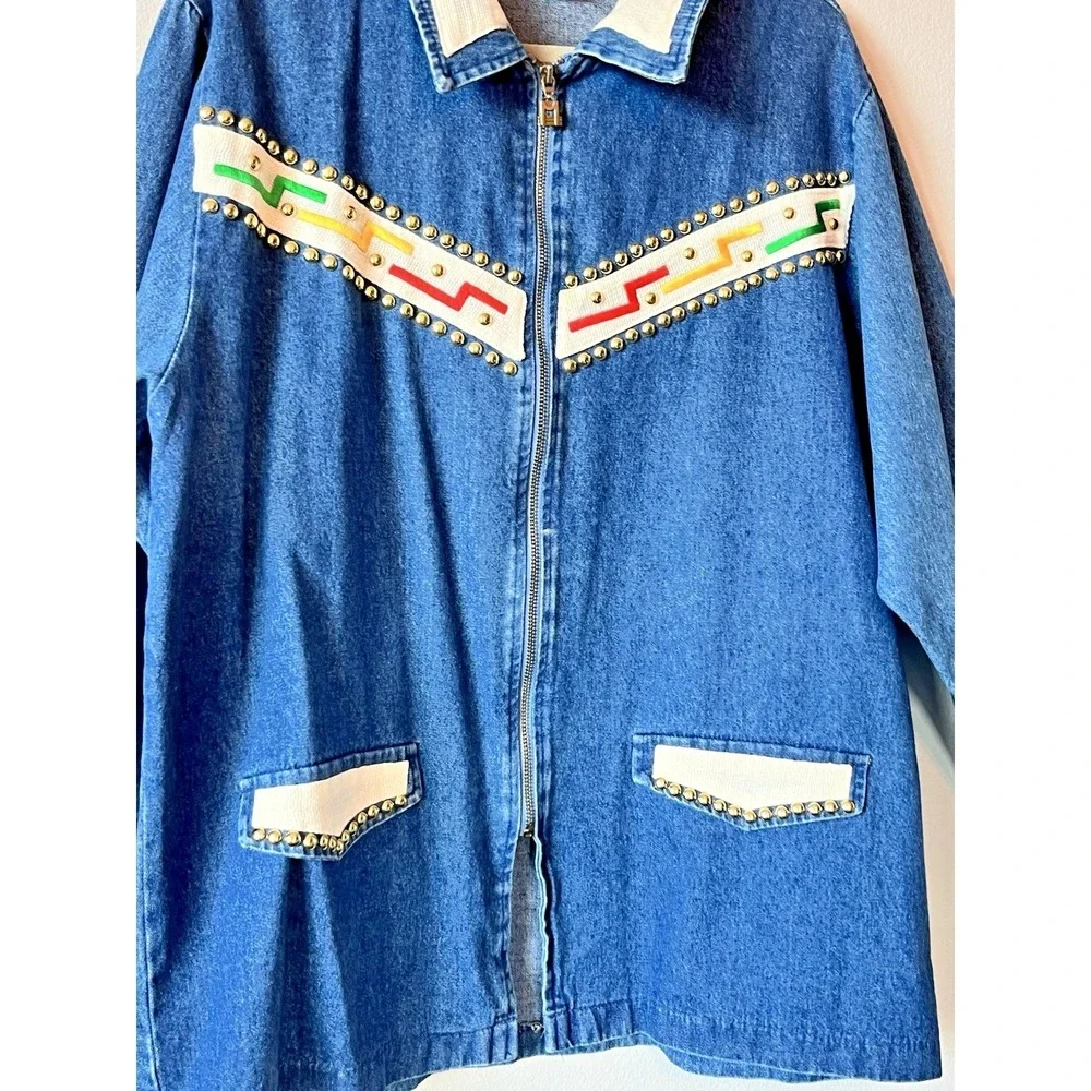 Vtg Gepetto Womens Blue Denim Gold Studs Jacket & Matching Pull on Pants XL SET